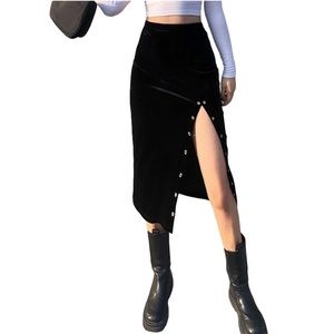 Bohemian Midi Skirts High Waist Velvet Black Maxi Skirt Split A Line Y2k